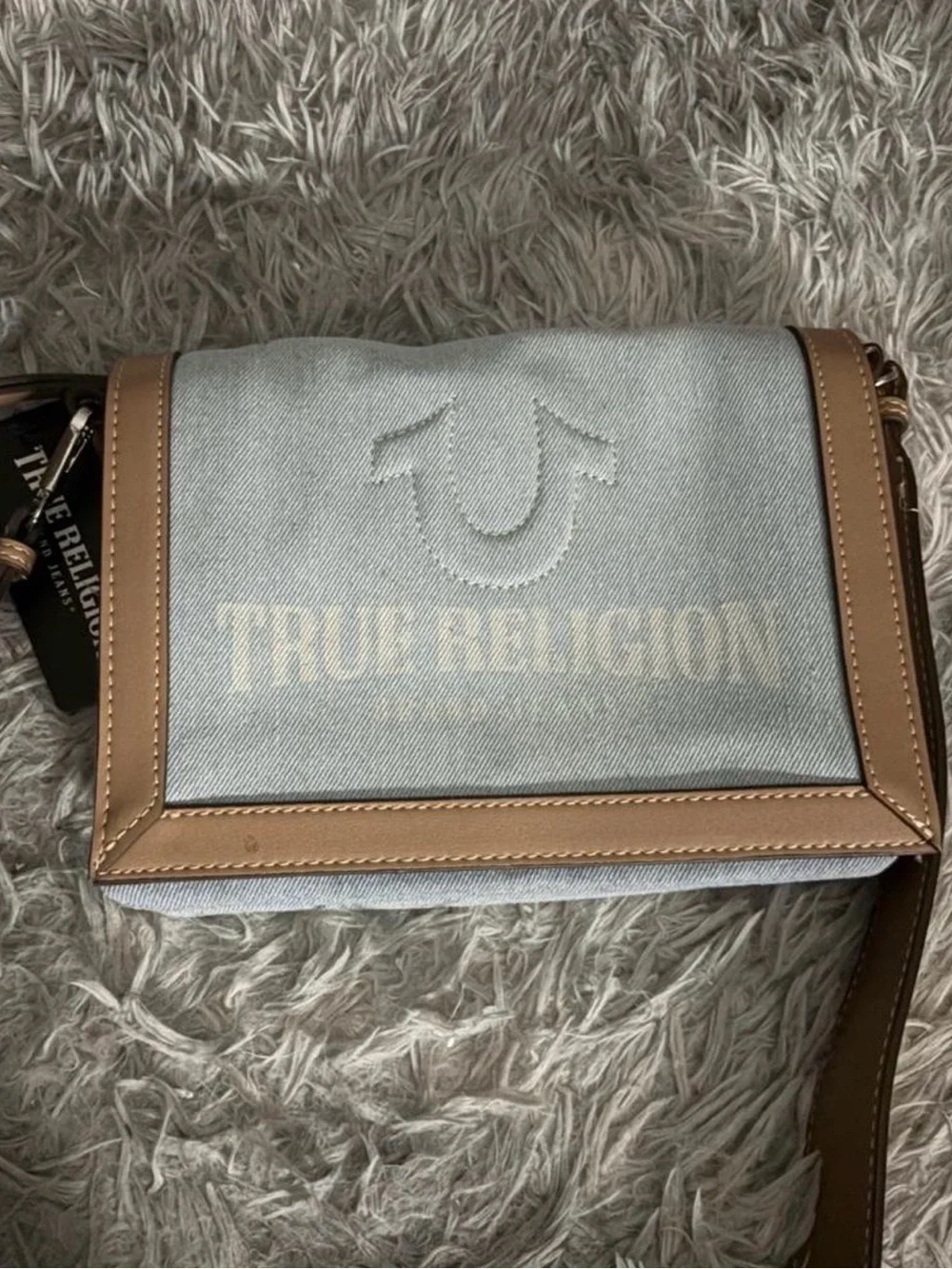 True Religion Light Blue Denim Crossbody with Tan Trim